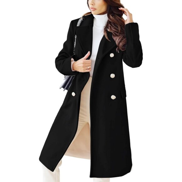 Women's Black Double-Breasted Wool Blend Winter Jacket Warm Long Trench Coat - Picture 2 of 7